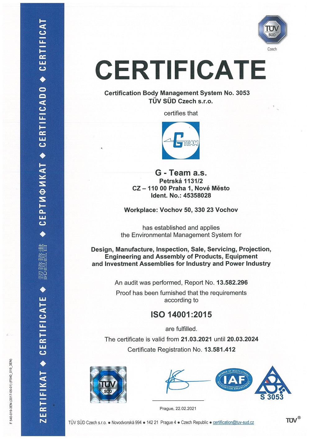 Certifikát ISO 14001: 2015